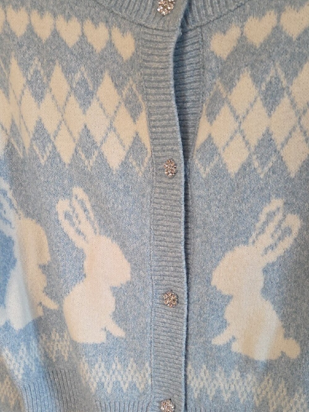 ๐ Light Blue and White Bunny Argyle Cardigan With Rhinestone Buttons - Picture 3 of 5
